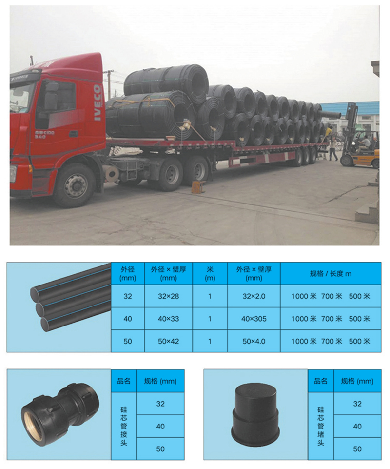 高密度聚乙烯(HDPE )硅芯管制作，系采用特種HDPE原料加硅料共擠復(fù)合而成，具備以下基本特性: 1.管道的強度，包括抗壓，抗張和抗沖擊能力，充分考慮到光(電)纜保護(hù)所需的安全系數(shù)，不再需要大管作外層保護(hù)。 2、硅管曲率半徑小，為其外徑的十倍。敷管時遇到彎曲處和上下管落差處可隨路而轉(zhuǎn)或隨坡而走，無須作任何特別處理，更不必設(shè)入井過渡。 3、其內(nèi)壁的硅芯層是固體的，永久的潤滑濟(jì)。 4、其內(nèi)壁的硅芯層被同步擠壓進(jìn)壁內(nèi)，均勻地分布于整個內(nèi)壁，硅芯層與高度密聚乙烯具有相同的物理和機械特性:不會剝落，脫離。 5、其內(nèi)壁硅芯層的摩擦特性保持不變，纜線在管道內(nèi)反復(fù)抽取。 6、其內(nèi)璧的硅芯層不與水溶，污物進(jìn)管后可用水沖洗管道，可免遭嚙齒動物破壞。7、抗老化，使用壽命長，埋入地下可達(dá)50年以上。 8、耐候性能好。 9、施工快捷，可大降低工程造價。